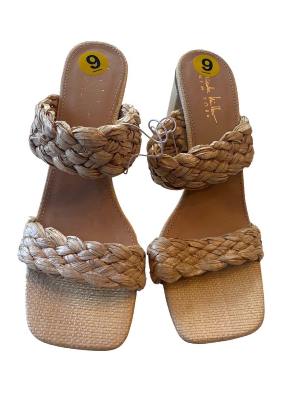 Nicole Miller NY Raffia Braided Square Toe Block Heel Mules Sandals Size 9